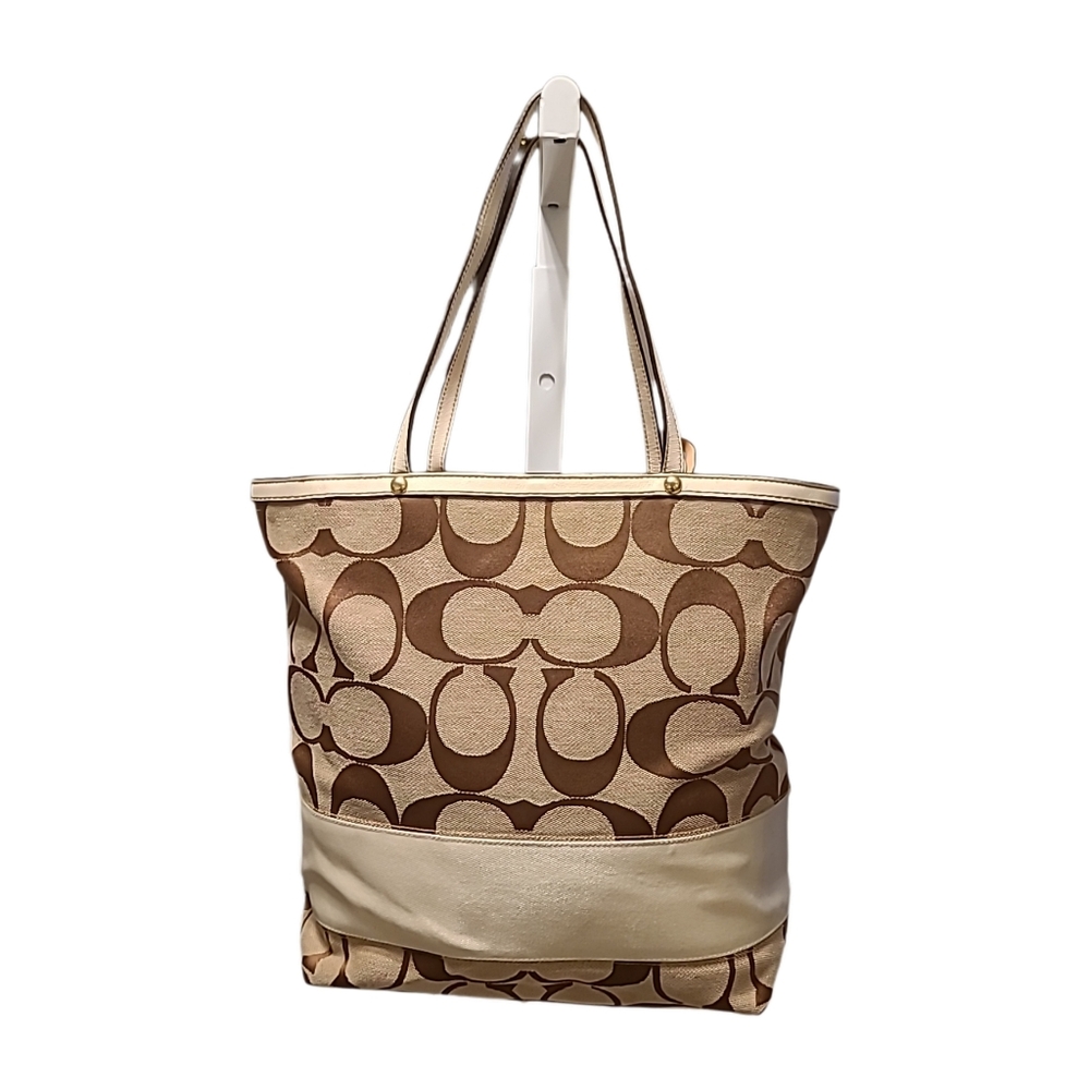 COACH Signature Khakie/Brown Ivory Leather Trimed Tote Shoulder Bag 10125 GUC - Picture 2 of 11